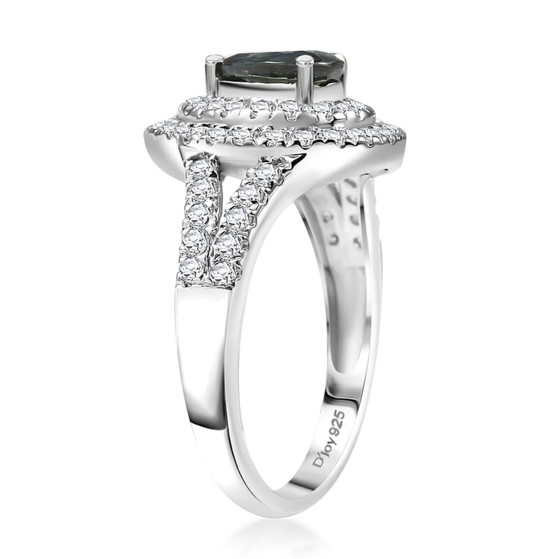 D'Joy AAA Madagascar Teal Sapphire, Moissanite Ring in Rhodium Over Sterling Silver 1.60 ctw (Size 10.0)