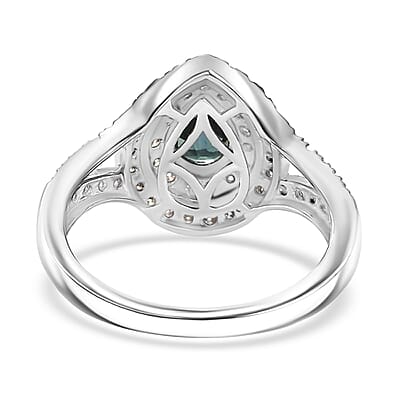 D'Joy AAA Madagascar Teal Sapphire, Moissanite Ring in Rhodium Over Sterling Silver 1.60 ctw (Size 10.0)