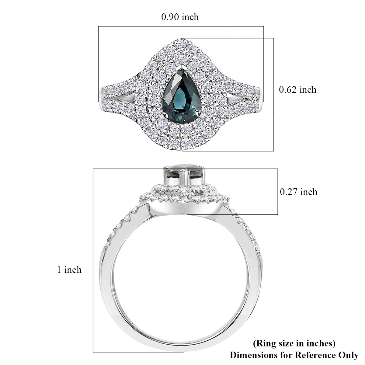 AAA Madagascar Teal Sapphire, Moissanite Ocean Empress Ring in Rhodium Over Sterling Silver (Size 10.0) 1.60 ctw image number 5