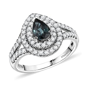 D'Joy AAA Madagascar Teal Sapphire and Moissanite 1.60 ctw Forest Glint Ring in Rhodium Over Sterling Silver (Size 7.0)