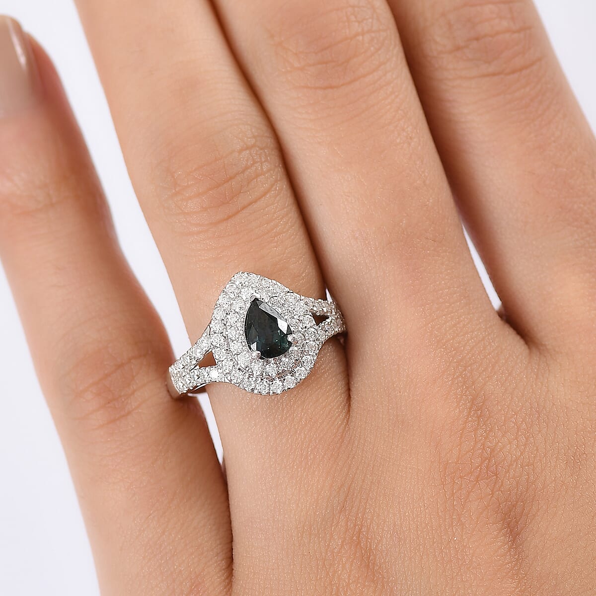 D'Joy AAA Madagascar Teal Sapphire and Moissanite 1.60 ctw Forest Glint Ring in Rhodium Over Sterling Silver (Size 7.0) image number 2