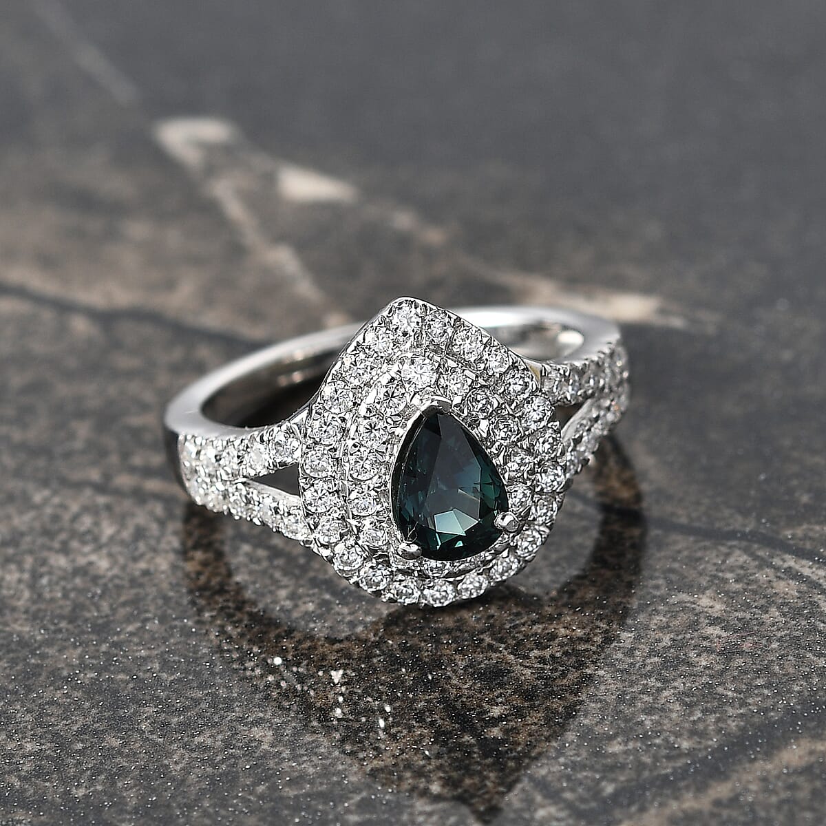 D'Joy AAA Madagascar Teal Sapphire and Moissanite 1.60 ctw Forest Glint Ring in Rhodium Over Sterling Silver (Size 8.0) image number 1