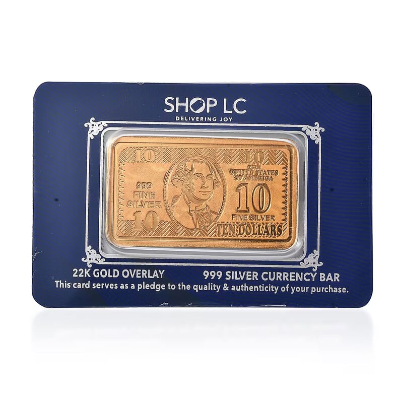 22K Gold Over 999.9 Fine Silver Currency Bar 10 Grams