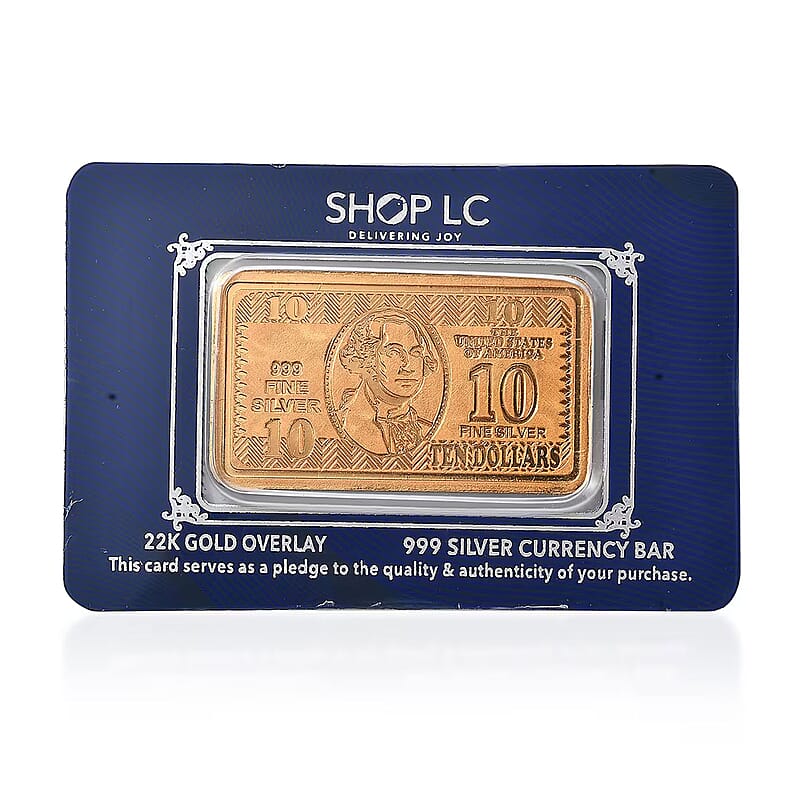 22K Gold Over 999.9 Fine Silver Currency Bar 10 Grams