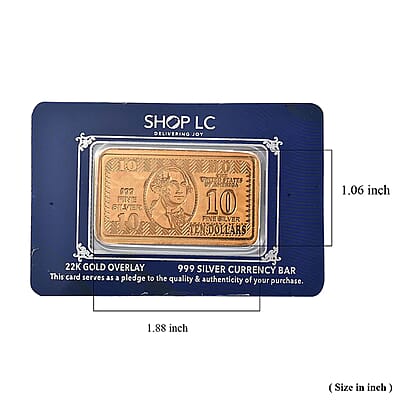 22K Gold Over 999.9 Fine Silver Currency Bar 10 Grams