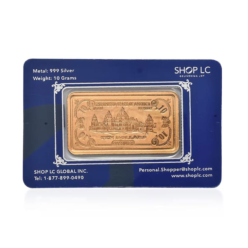 22K Gold Over 999.9 Fine Silver Currency Bar 10 Grams