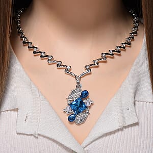 Blue Glass, Simulated Pearl and Austrian Crystal Elephant Necklace in Silvertone 20-22 Inches