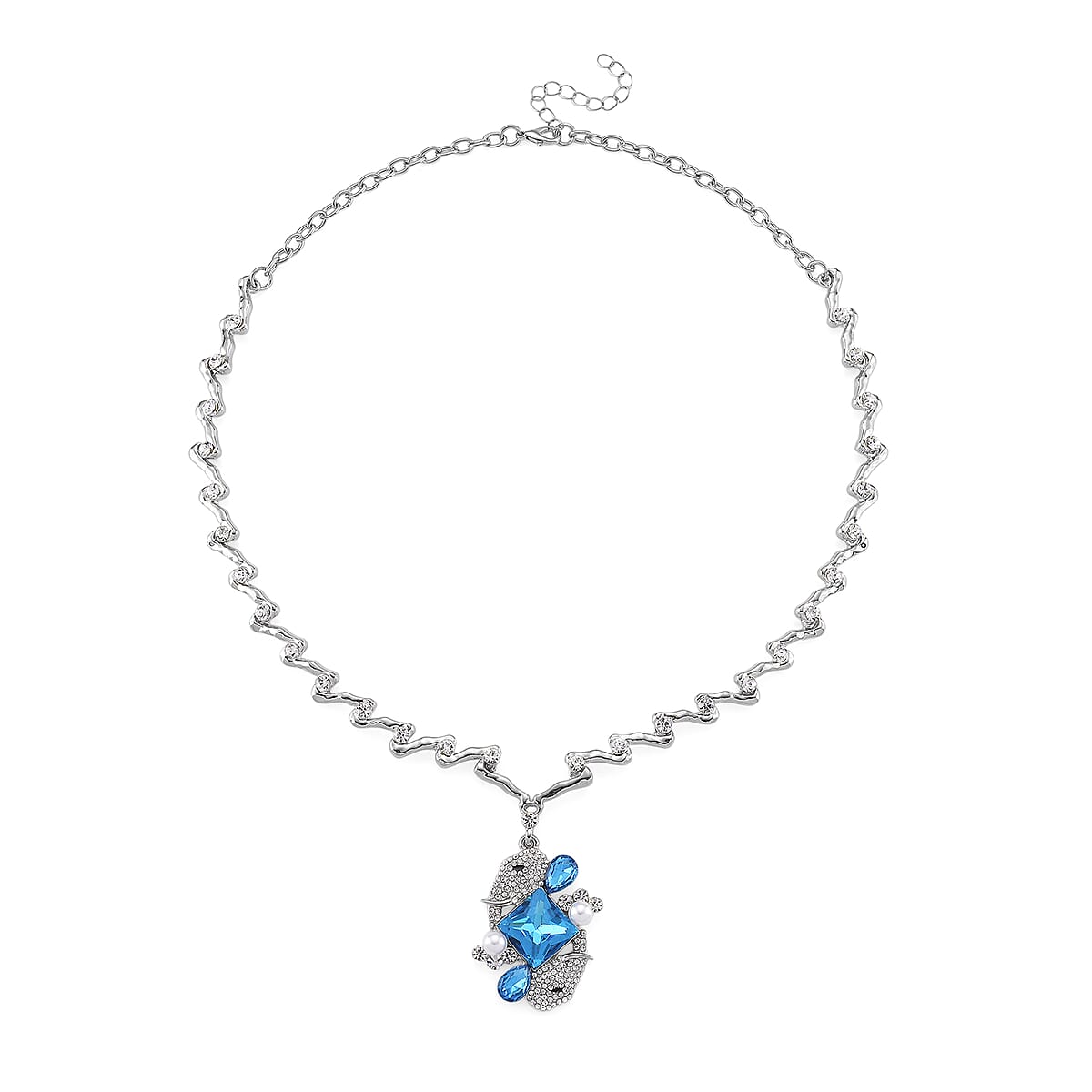 Blue Glass, Simulated Pearl and Austrian Crystal Elephant Necklace in Silvertone 20-22 Inches image number 2