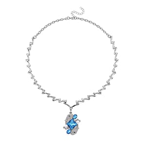 Blue Glass, Simulated Pearl and Austrian Crystal Elephant Necklace in Silvertone 20-22 Inches