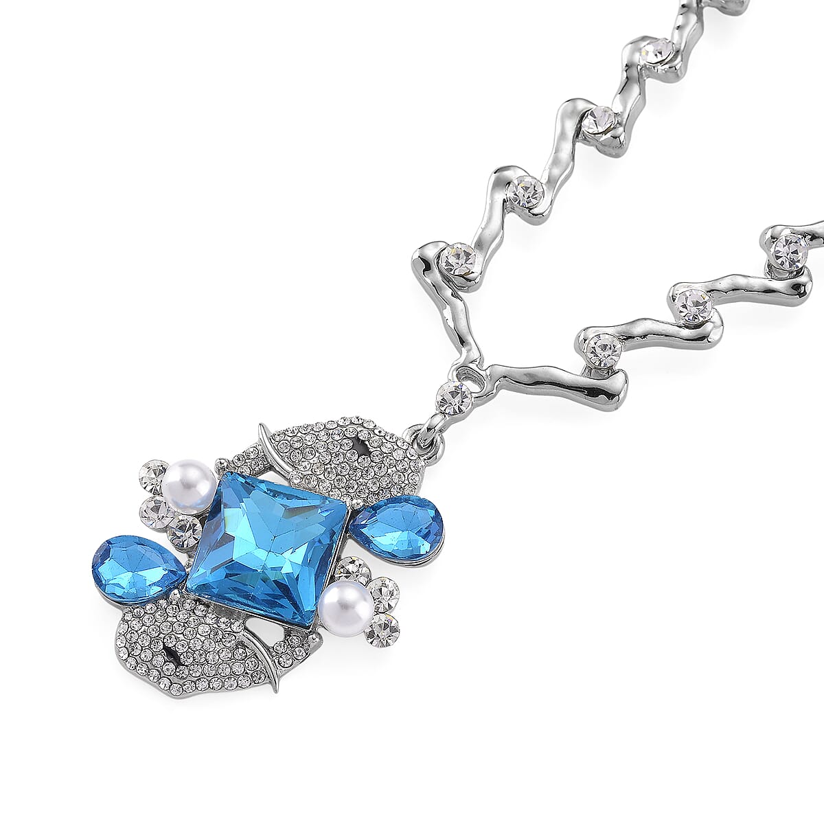 Blue Glass, Simulated Pearl and Austrian Crystal Elephant Necklace in Silvertone 20-22 Inches image number 3