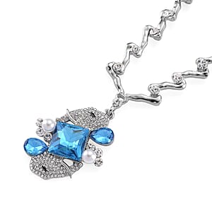 Blue Glass, Simulated Pearl and Austrian Crystal Elephant Necklace in Silvertone 20-22 Inches