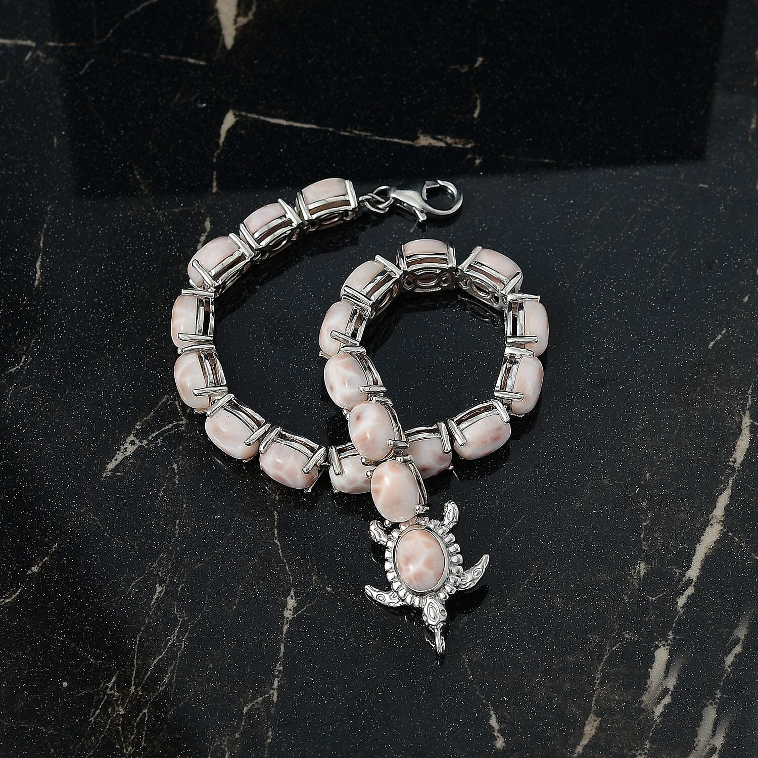 D'Joy Pink Natrolite 23.50 ctw Turtle Bracelet in Rhodium Over Sterling Silver (7.25 In)