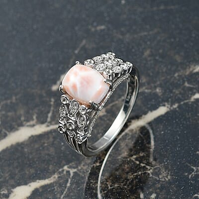 D'Joy Premium Pink Natrolite and White Zircon 2.15 ctw Fish and Bubbles Ring in Rhodium Over Sterling Silver (Size 10.0)
