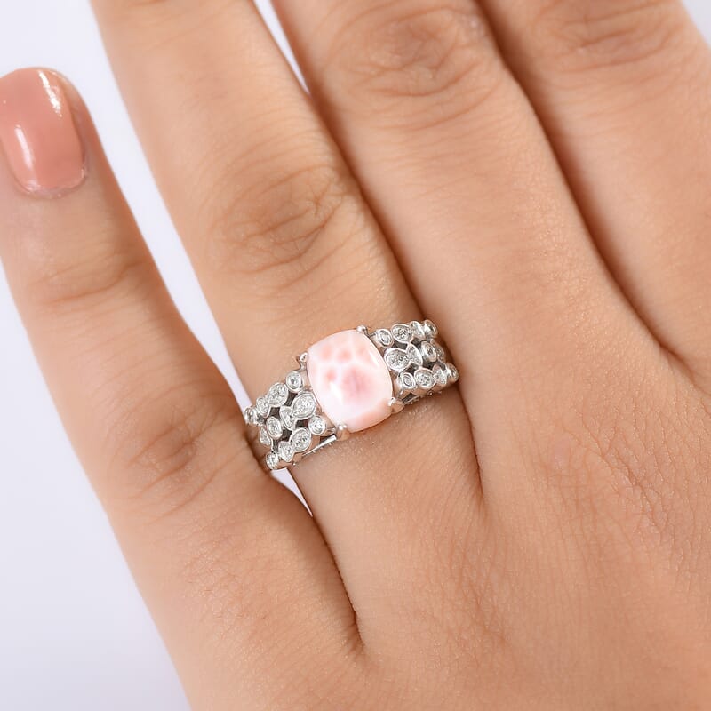 D'Joy Premium Pink Natrolite and White Zircon 2.15 ctw Fish and Bubbles Ring in Rhodium Over Sterling Silver (Size 10.0)