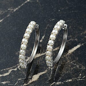 D'Joy Freshwater Pearl Orbit Hoop Earrings in Rhodium Over Sterling Silver