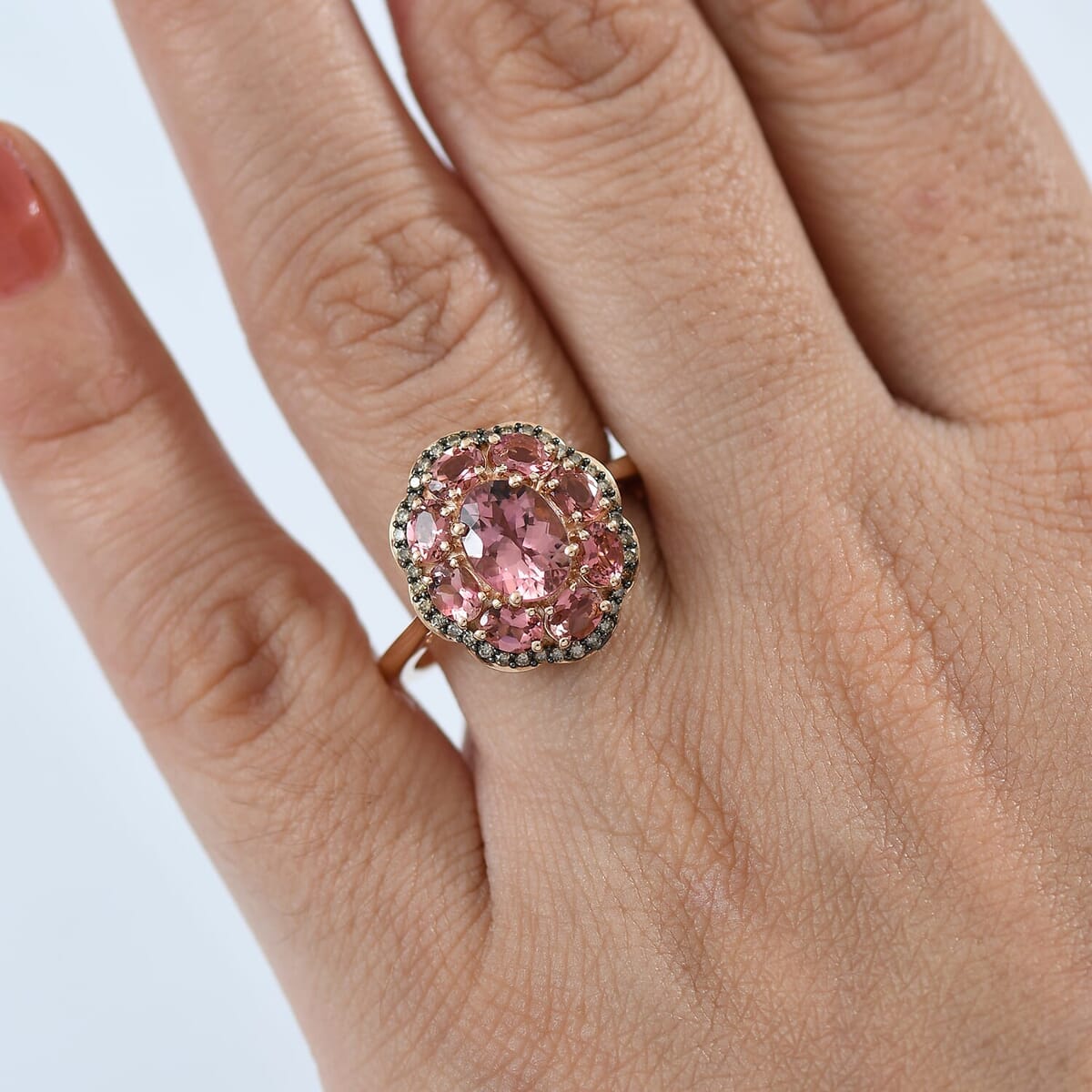 Luxoro Premium Blush Tourmaline and Natural Champagne Diamond 2.80 ctw Blush Bloom Ring in 10K Rose Gold (Size 10.0) image number 2
