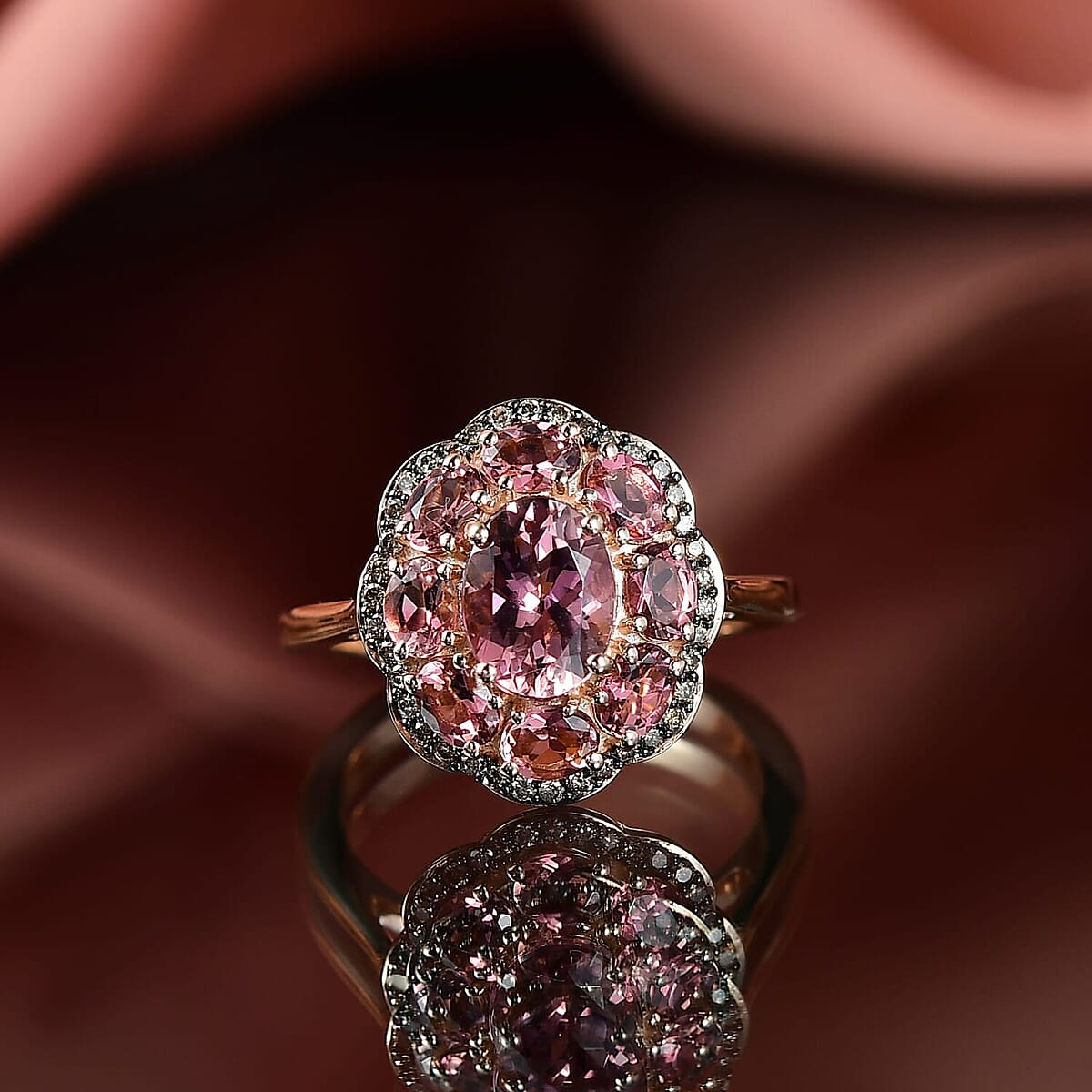 Luxoro Premium Blush Tourmaline and Natural Champagne Diamond 2.80 ctw Blush Bloom Ring in 10K Rose Gold (Size 5.5) image number 1