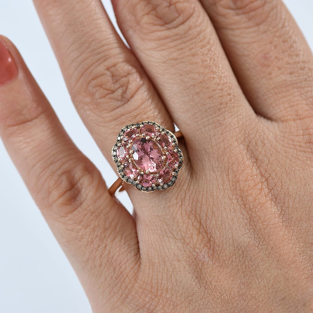 Luxoro Premium Blush Tourmaline and Natural Champagne Diamond 2.80 ctw Blush Bloom Ring in 10K Rose Gold (Size 6.5) image number 2