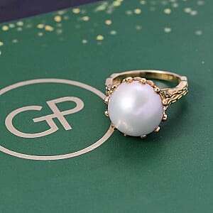 GP Fresh Water Pearl and Kanchanaburi Blue Sapphire 16.21 ctw Fancy Ring in Vermeil Yellow Gold Over Sterling Silver (Size 11.5)