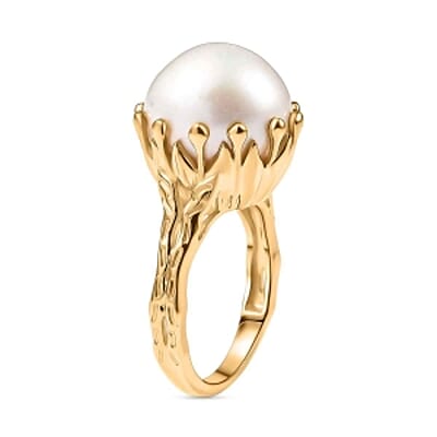 GP Fresh Water Pearl and Kanchanaburi Blue Sapphire 16.21 ctw Fancy Ring in Vermeil Yellow Gold Over Sterling Silver (Size 11.5)