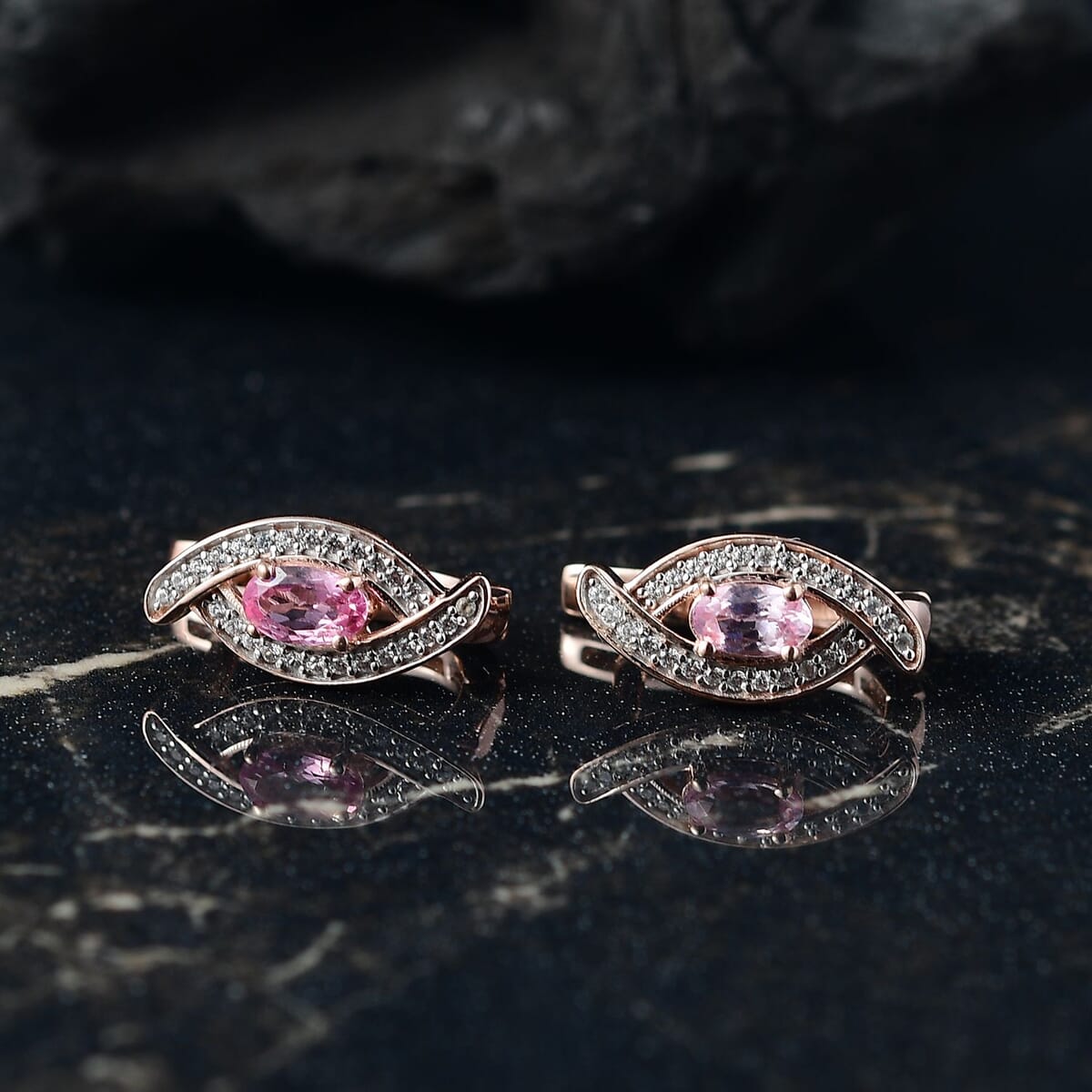 D'Joy Narsipatnam Pink Spinel and White Zircon 0.85 ctw Leaf Earrings in 18K Vermeil Rose Gold Over Sterling Silver image number 1