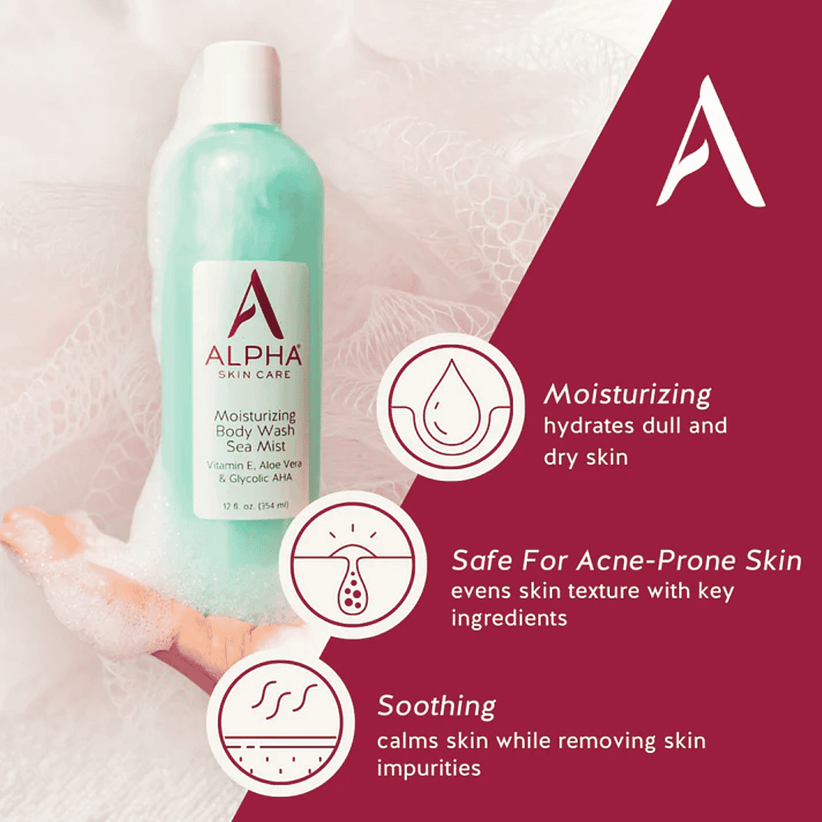 ALPHA Skincare Moisturizing Body Wash Sea Mist with Vitamin E, Aloe Vera, & Glycolic AHA (12oz) image number 2