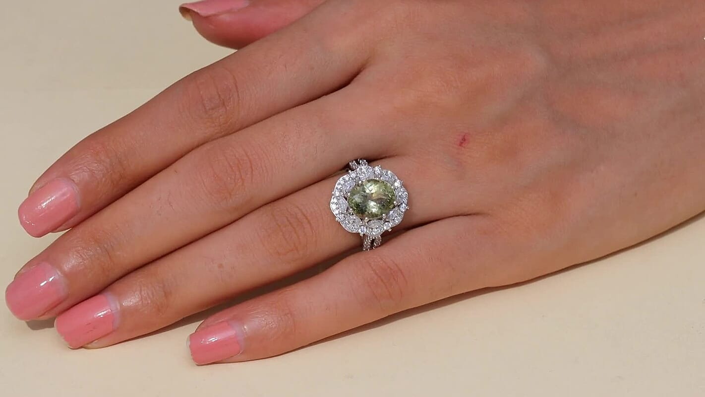 D'Joy Premium Yellow Apatite and Moissanite 5.10 ctw Ring in Rhodium Over Sterling Silver (Size 10.0)