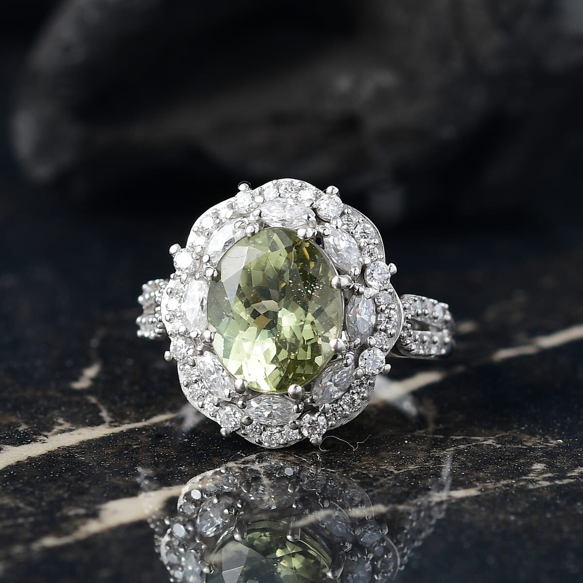 D'Joy Premium Yellow Apatite and Moissanite 5.10 ctw Ring in Rhodium Over Sterling Silver (Size 10.0) image number 1