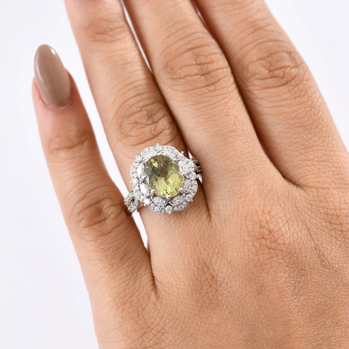 D'Joy Premium Yellow Apatite and Moissanite 5.10 ctw Ring in Rhodium Over Sterling Silver (Size 10.0) image number 2