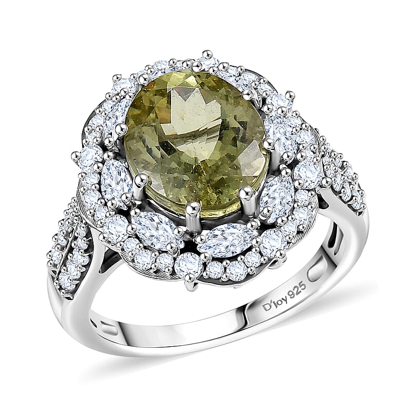 D'Joy Premium Yellow Apatite and Moissanite 5.10 ctw Imperial Dawn Ring in Rhodium Over Sterling Silver (Size 7.0)