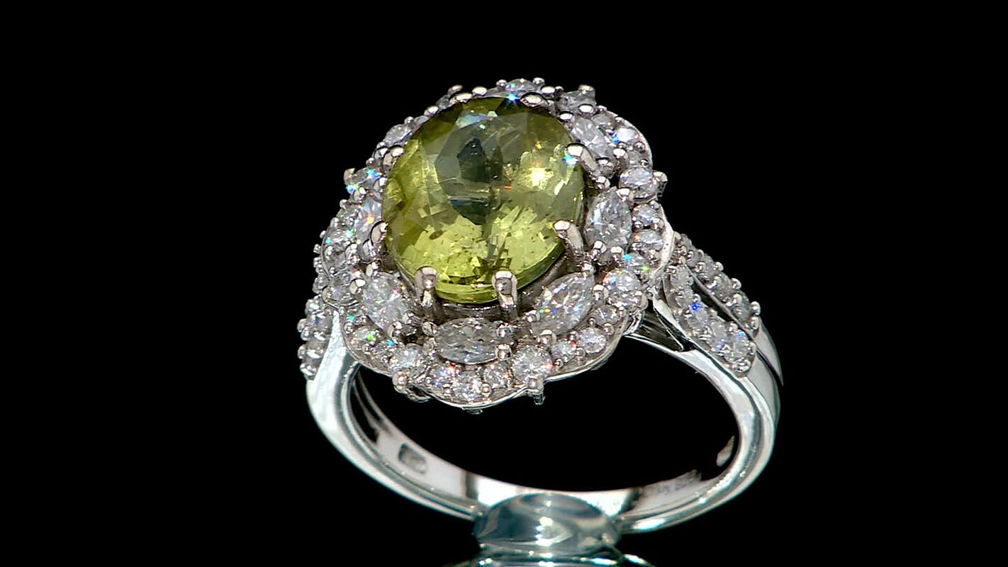 D'Joy Premium Yellow Apatite and Moissanite 5.10 ctw Ring in Rhodium Over Sterling Silver (Size 10.0)