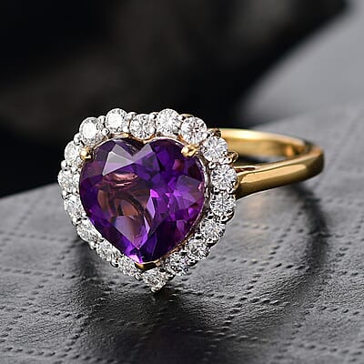 D’Joy AAA Lusaka Amethyst and Moissanite 7.10 ctw Heart Ring in 18K Vermeil Yellow Gold Over Sterling Silver (Size 10.0) 