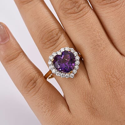 D’Joy AAA Lusaka Amethyst and Moissanite 7.10 ctw Heart Ring in 18K Vermeil Yellow Gold Over Sterling Silver (Size 10.0) 