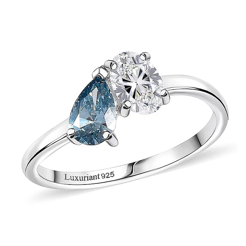Luxuriant Lab Grown Diamond (G-H, SI), Lab Grown Blue Diamond (IR) Bypass Ring in Rhodium Over Sterling Silver (Size 10.0) 1.00 ctw
