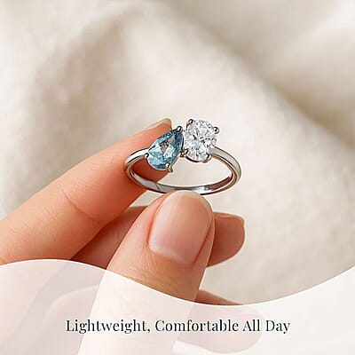 Luxuriant Lab Grown Diamond (G-H, SI), Lab Grown Blue Diamond (IR) Bypass Ring in Rhodium Over Sterling Silver (Size 10.0) 1.00 ctw