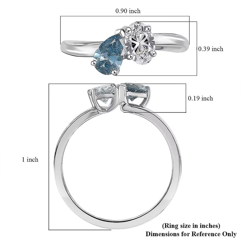 Luxuriant Lab Grown Diamond (G-H, SI), Lab Grown Blue Diamond (IR) Bypass Ring in Rhodium Over Sterling Silver (Size 10.0) 1.00 ctw