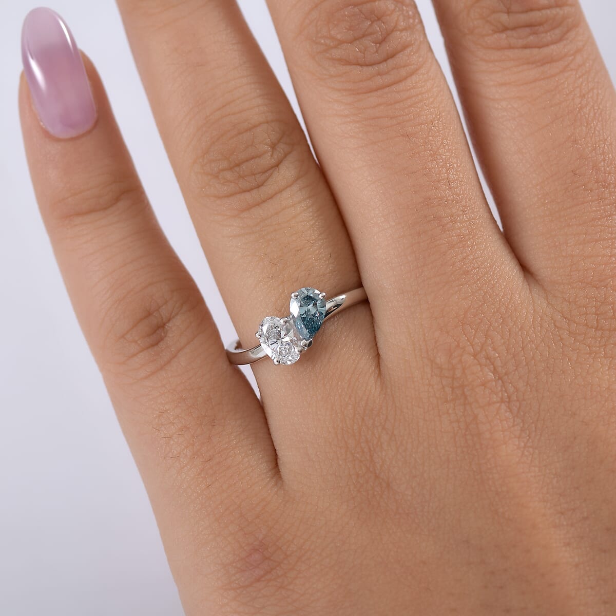 Luxuriant Lab Grown Diamond G-H SI and Lab Grown Blue Diamond IR 1.00 ctw Bypass Ring in Rhodium Over Sterling Silver (Size 7.0) image number 2