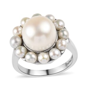 Ever True Freshwater Pearl Celestial Halo Ring in Stainless Steel (Size 10.0)