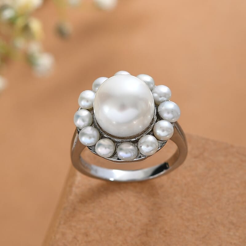 EverTrue Freshwater Pearl Celestial Halo Ring in Stainless Steel (Size 10.0)