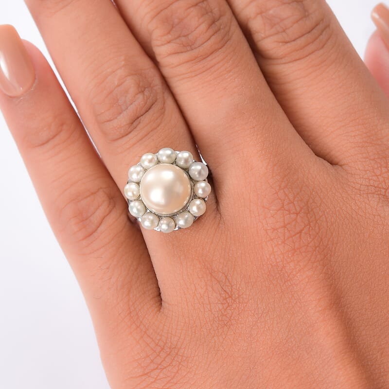 EverTrue Freshwater Pearl Celestial Halo Ring in Stainless Steel (Size 10.0)