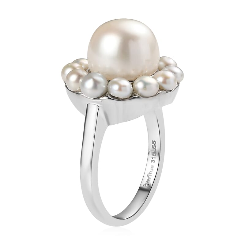EverTrue Freshwater Pearl Celestial Halo Ring in Stainless Steel (Size 10.0)