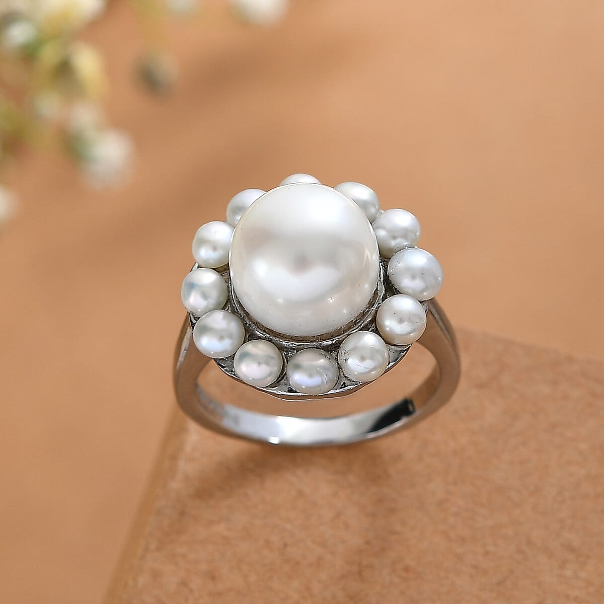 EverTrue Freshwater Pearl Celestial Halo Ring in Stainless Steel (Size 6.0) image number 1