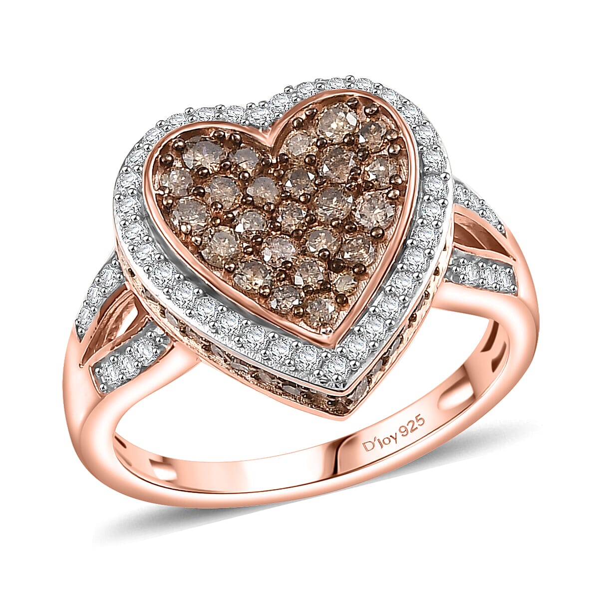D'Joy Natural Champagne and White Diamond 1.00 ctw Romantic Heart Ring in 18K Vermeil Rose Gold Over Sterling Silver (Size 10.0) image number 0