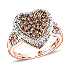 D'Joy Natural Champagne and White Diamond 1.00 ctw Romantic Heart Ring in 18K Vermeil Rose Gold Over Sterling Silver (Size 10.0)