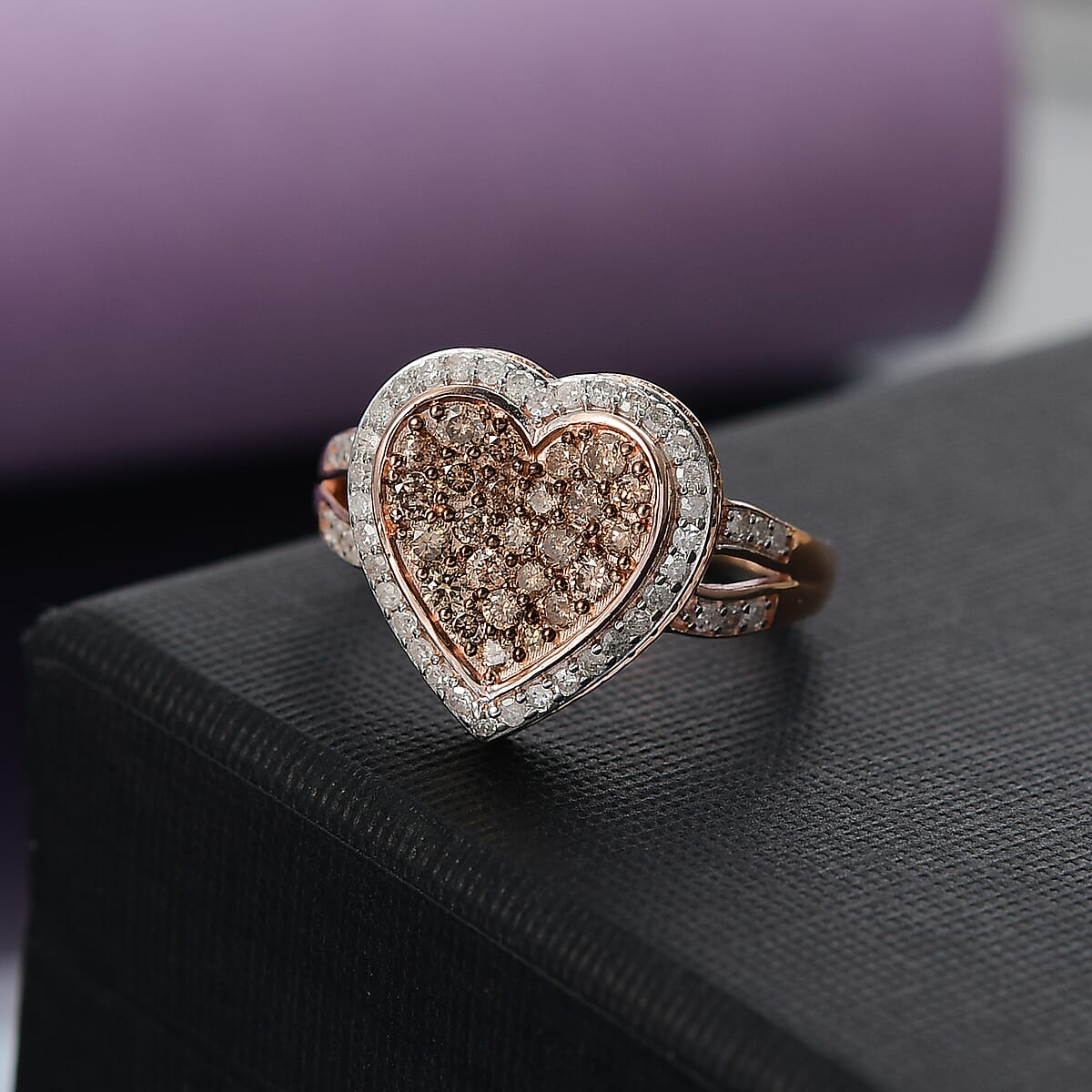D'Joy Natural Champagne and White Diamond 1.00 ctw Romantic Heart Ring in 18K Vermeil Rose Gold Over Sterling Silver (Size 10.0) image number 1
