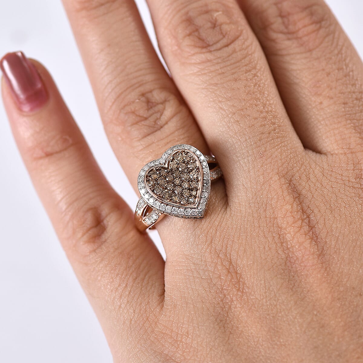 D'Joy Natural Champagne and White Diamond 1.00 ctw Romantic Heart Ring in 18K Vermeil Rose Gold Over Sterling Silver (Size 5.0) image number 2