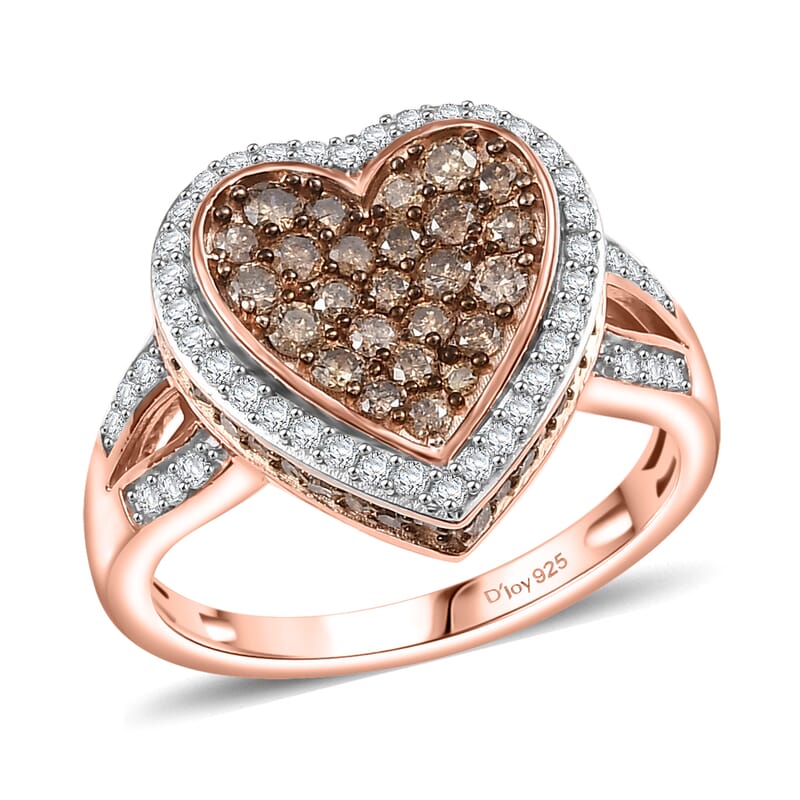 D'Joy Natural Champagne and White Diamond 1.00 ctw Romantic Heart Ring in 18K Vermeil Rose Gold Over Sterling Silver (Size 6.0)