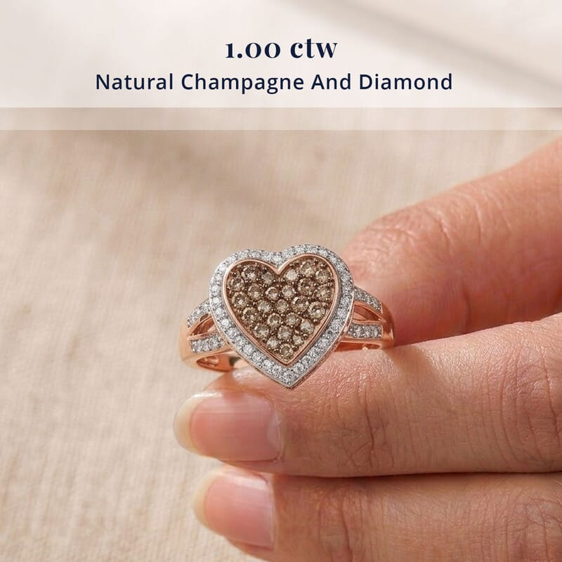 D'Joy Natural Champagne and White Diamond 1.00 ctw Romantic Heart Ring in 18K Vermeil Rose Gold Over Sterling Silver (Size 6.0)