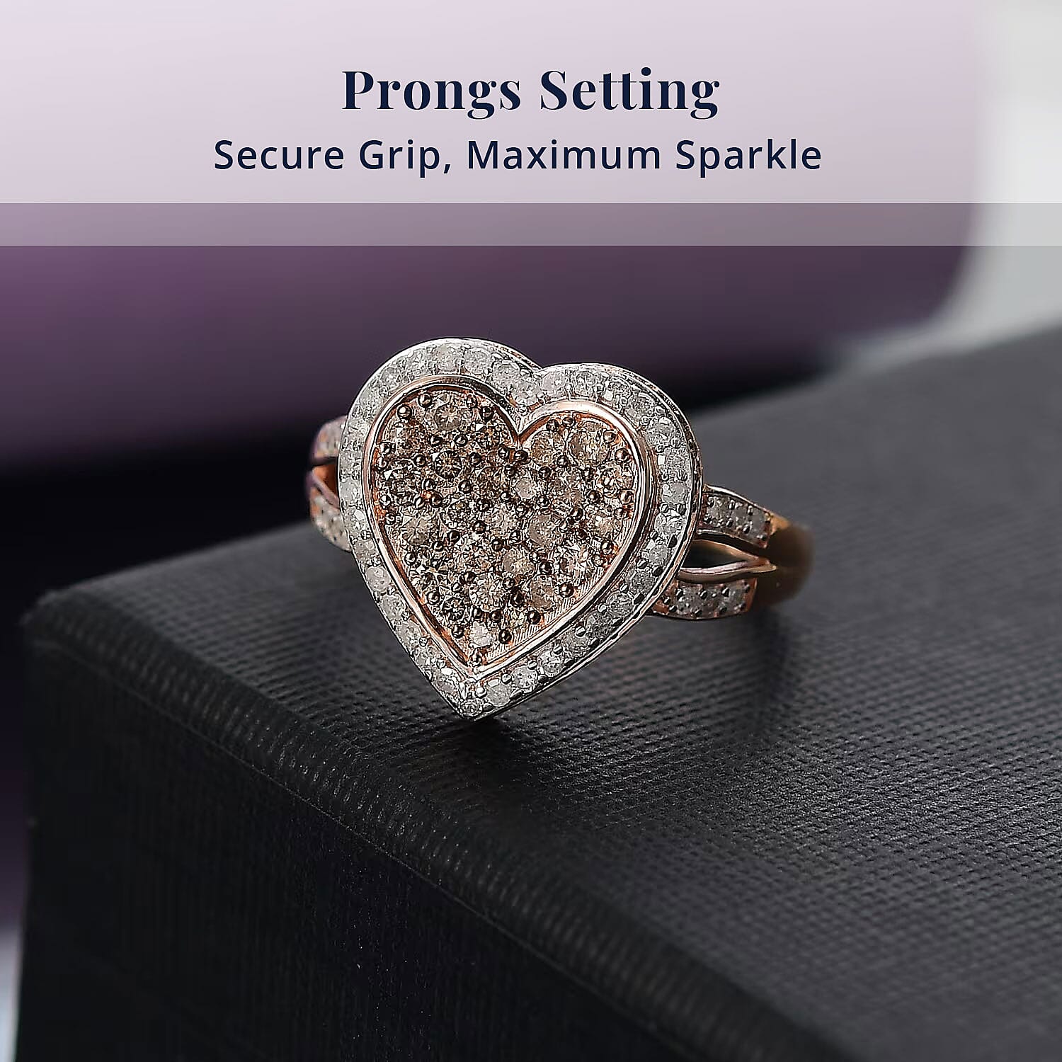 D'Joy Natural Champagne and White Diamond 1.00 ctw Romantic Heart Ring in 18K Vermeil Rose Gold Over Sterling Silver (Size 6.0)