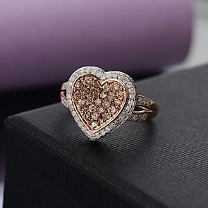 D'Joy Natural Champagne and White Diamond 1.00 ctw Romantic Heart Ring in 18K Vermeil Rose Gold Over Sterling Silver (Size 7.0)